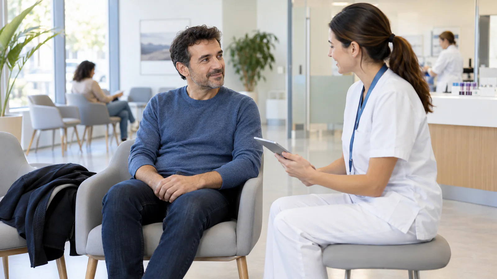 Una persona adulta parla con una professionista sanitaria in ambulatorio