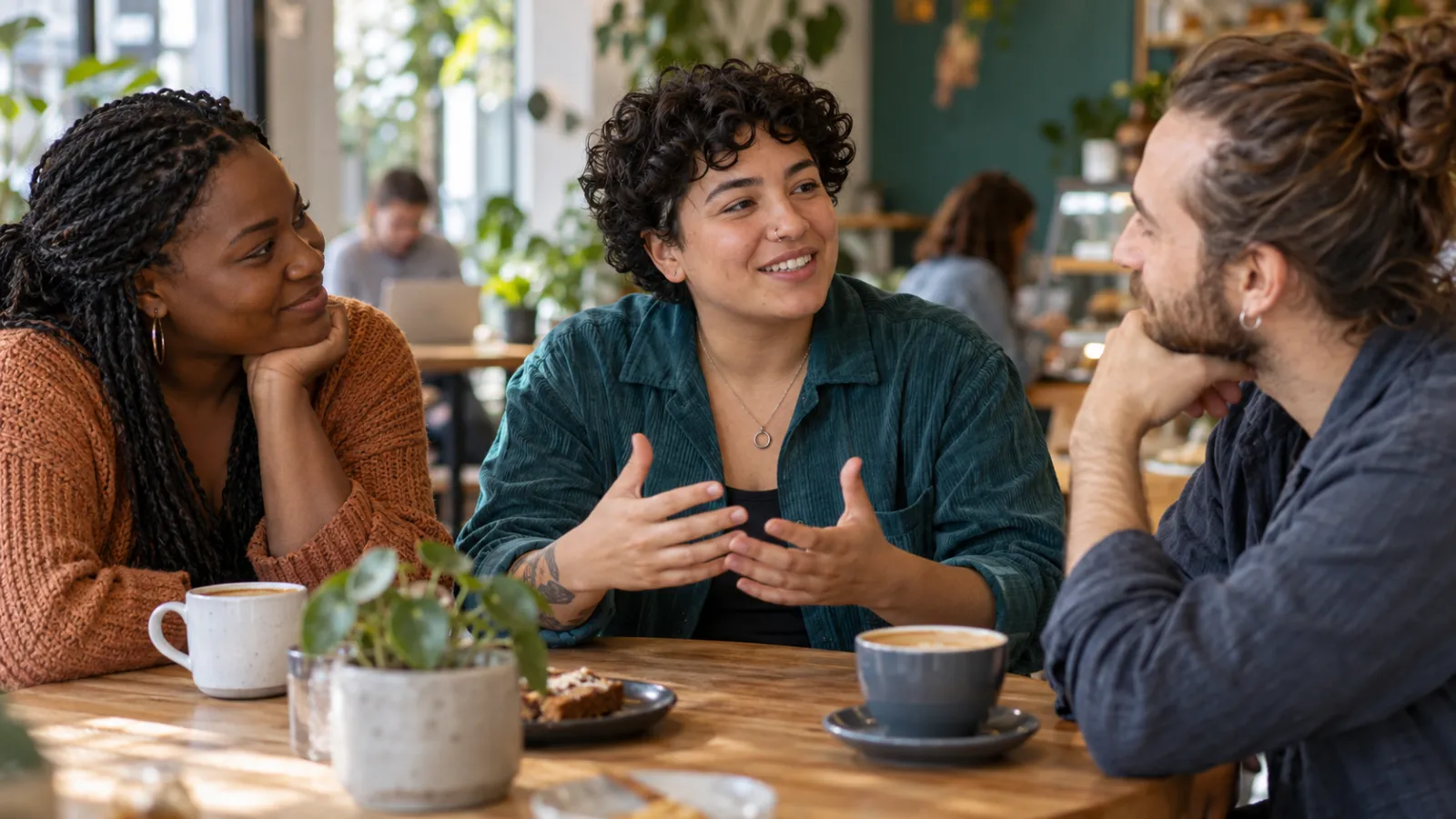 Tres personas adultas conversan en una cafetería luminosa.