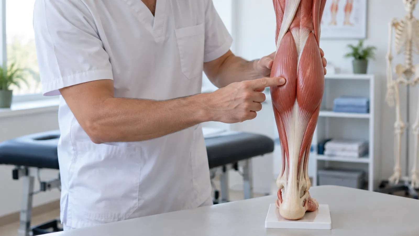 Un professionista sanitario indica i muscoli del polpaccio su un modello anatomico