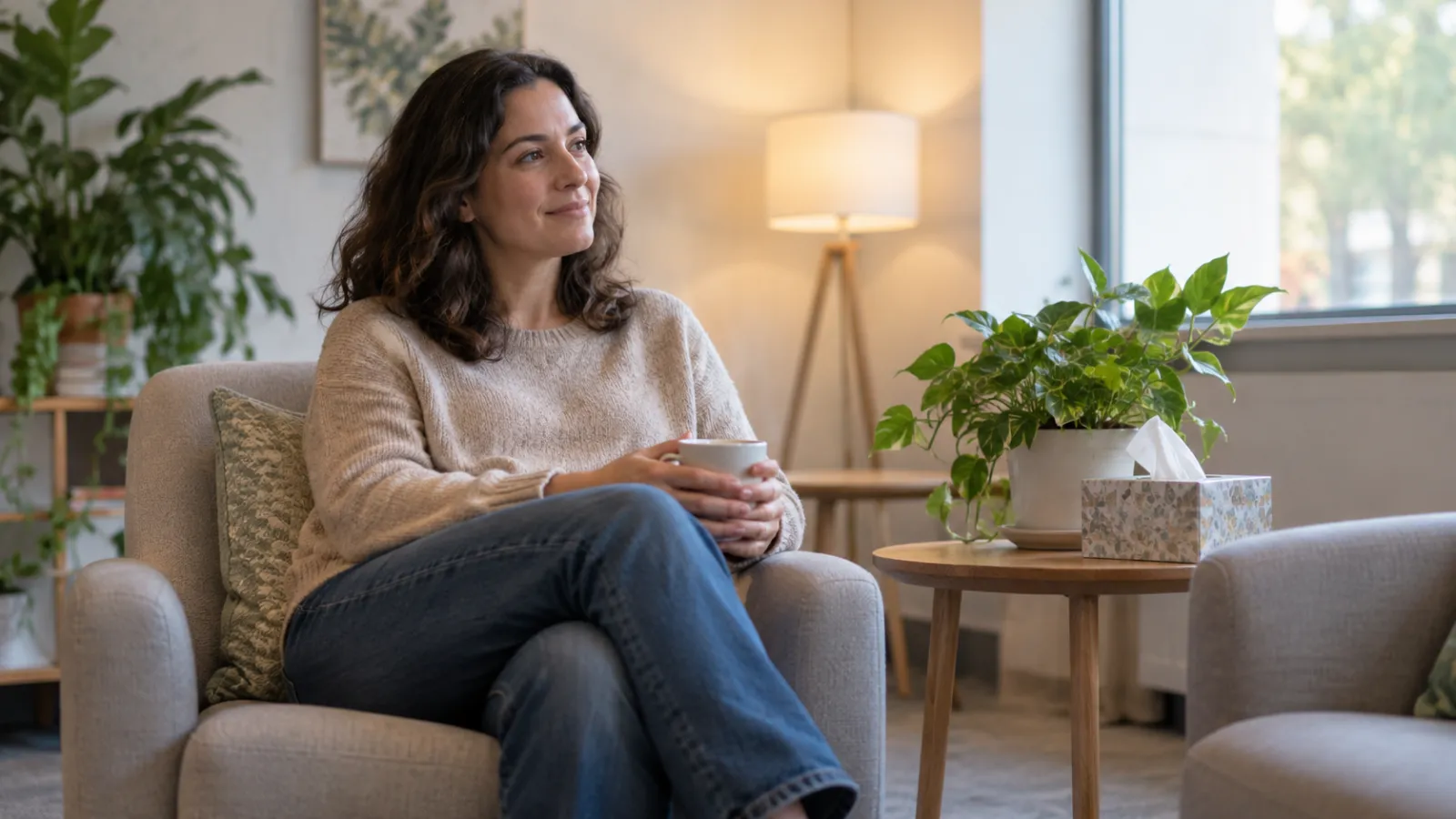 Una persona adulta espera en una sala tranquila antes de una consulta.