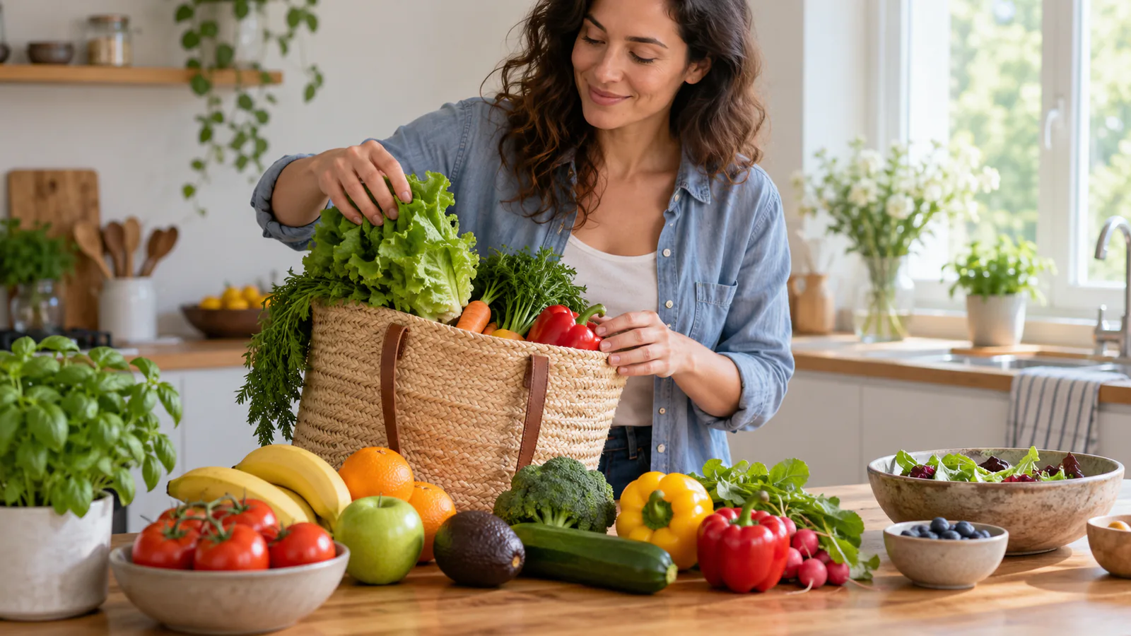 Mujer coloca verduras y fruta frescas en una cesta sobre la encimera de una cocina.