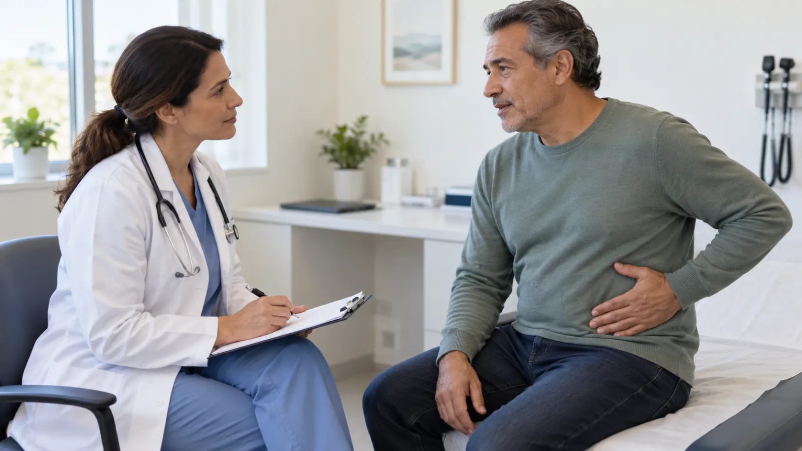Una persona señala su costado durante una consulta médica.