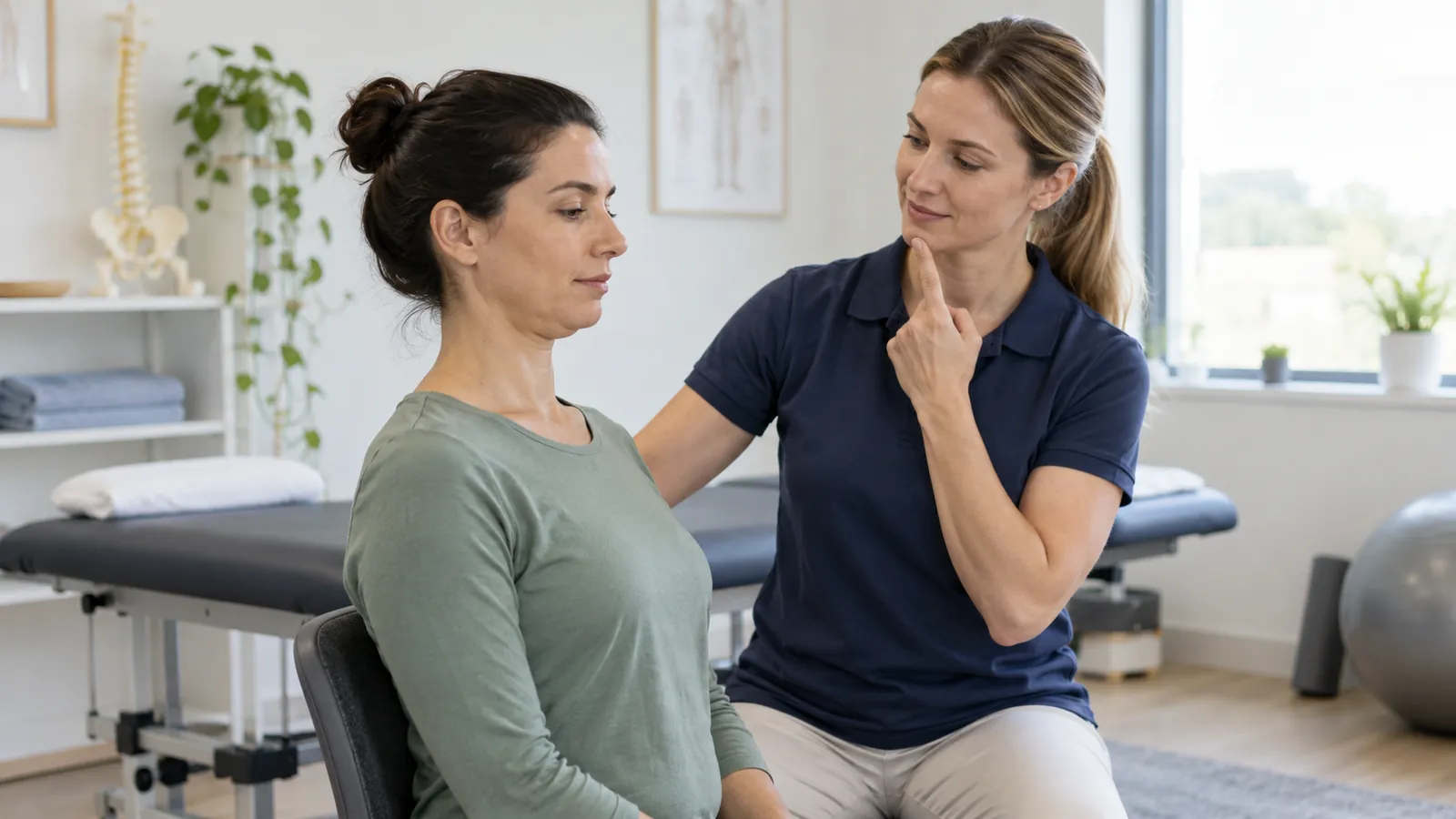 Um fisioterapeuta conversa com um paciente adulto sobre o movimento do pescoço no consultório