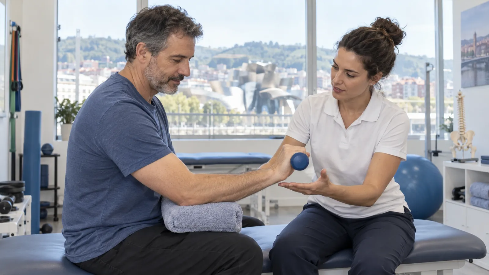 Fisioterapeuta orienta um exercício suave de extensão do punho com um peso leve