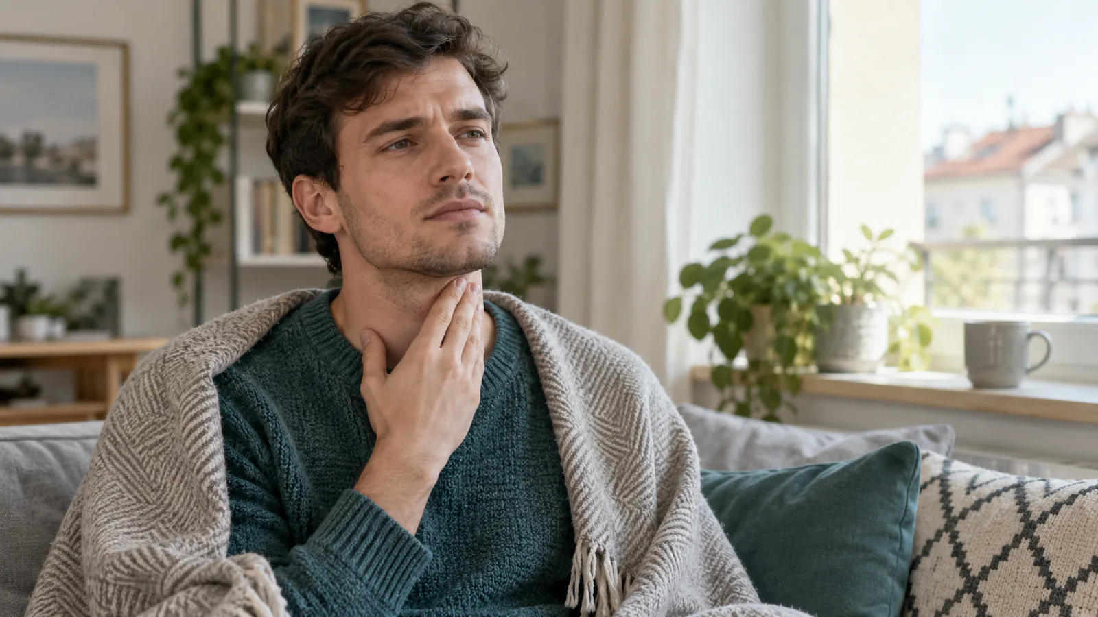 Un uomo riposa a casa sotto una coperta e si tocca delicatamente la parte anteriore del collo