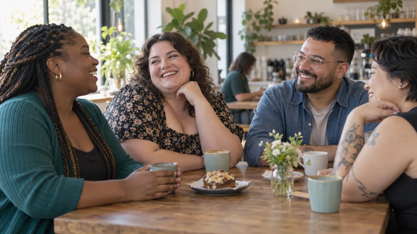 Grupo diverso de personas adultas comparte una conversación en una cafetería.