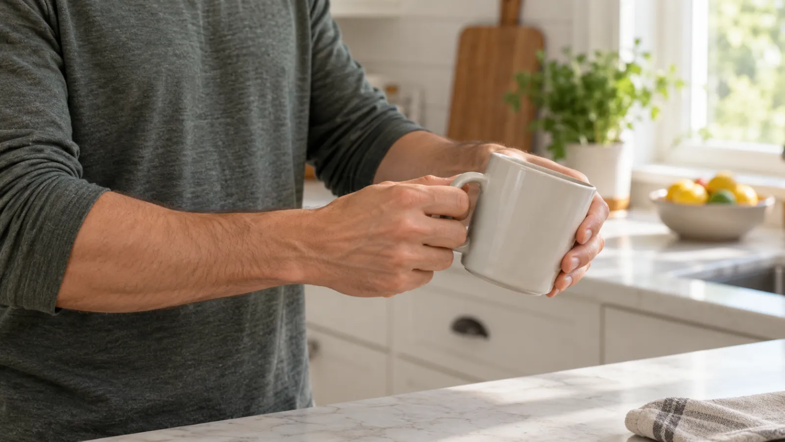 Persona gira una taza en casa mientras rota el antebrazo y orienta la palma.