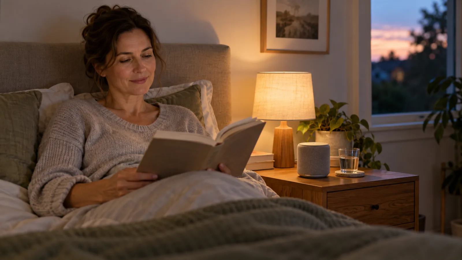Vrouw leest ’s avonds in bed bij een lampje