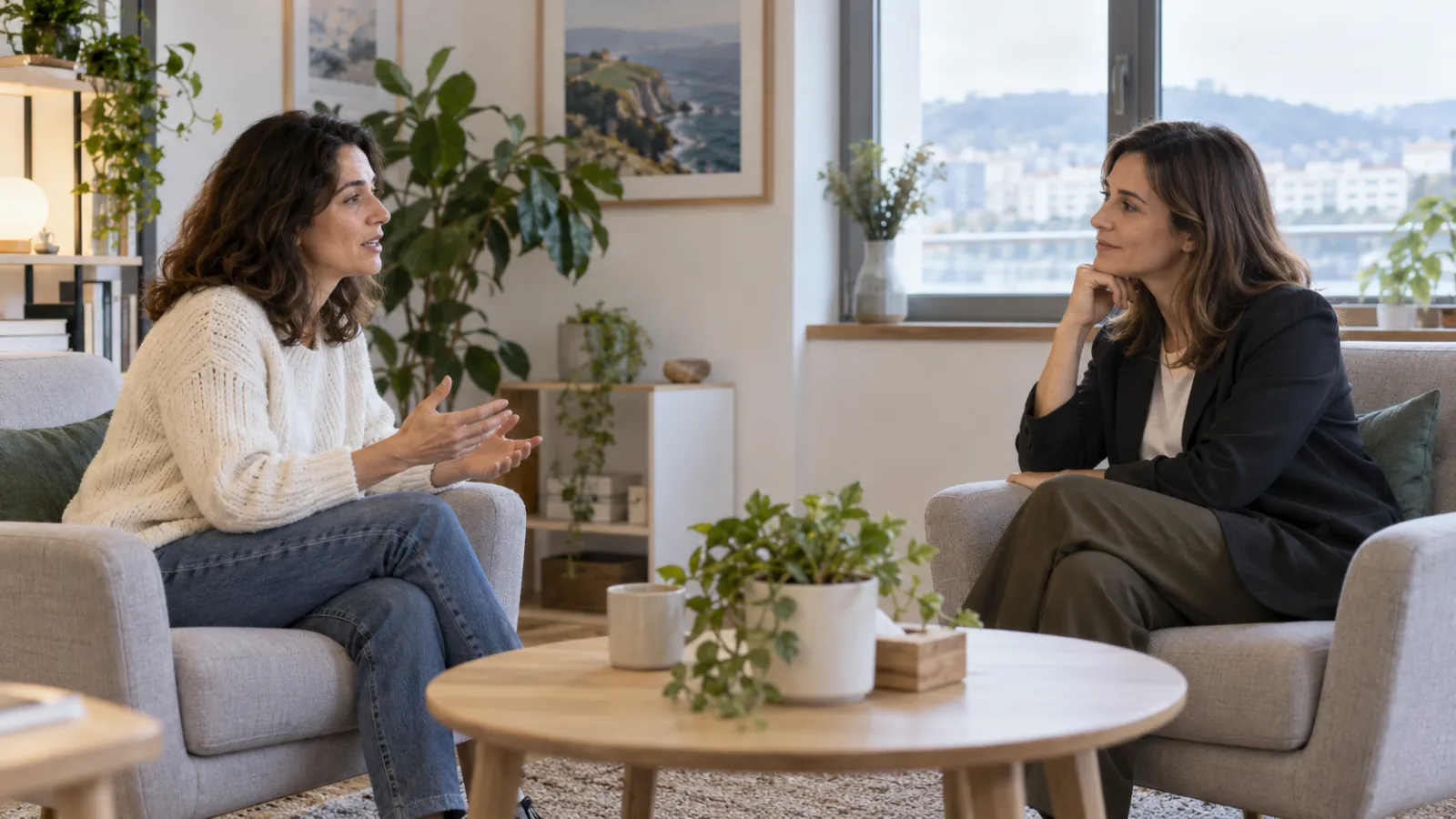 Una mujer escucha a otra durante una conversación en casa.