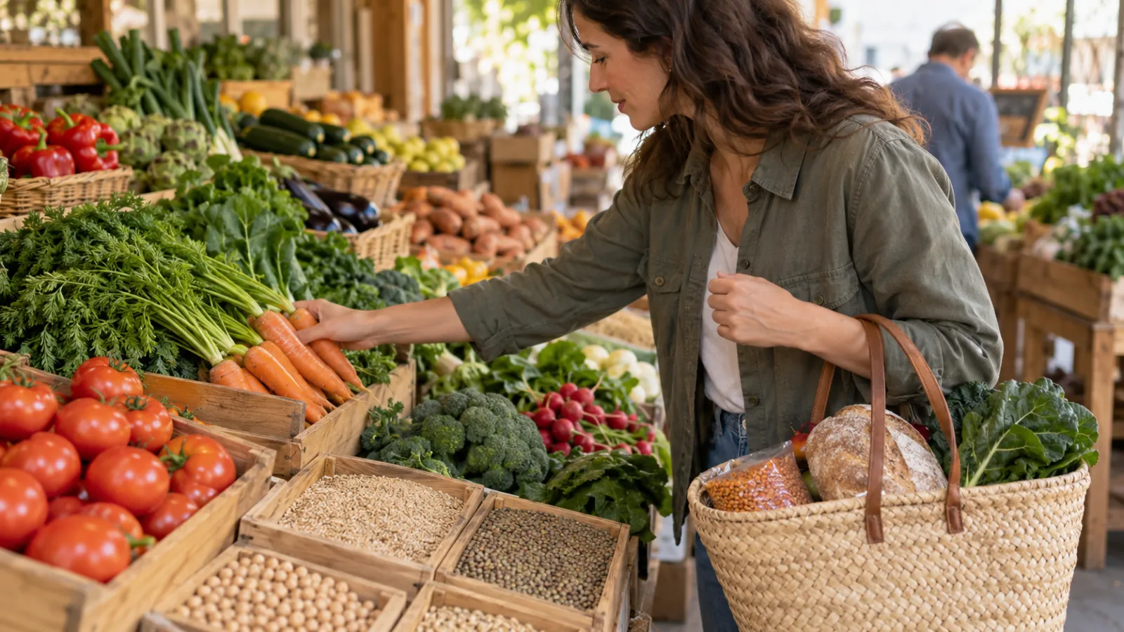 Persona che sceglie verdure al mercato