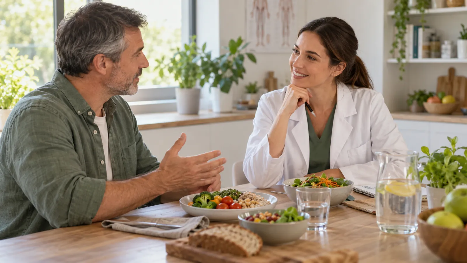 Uma profissional de saúde conversa com um homem numa mesa com pratos de legumes e leguminosas