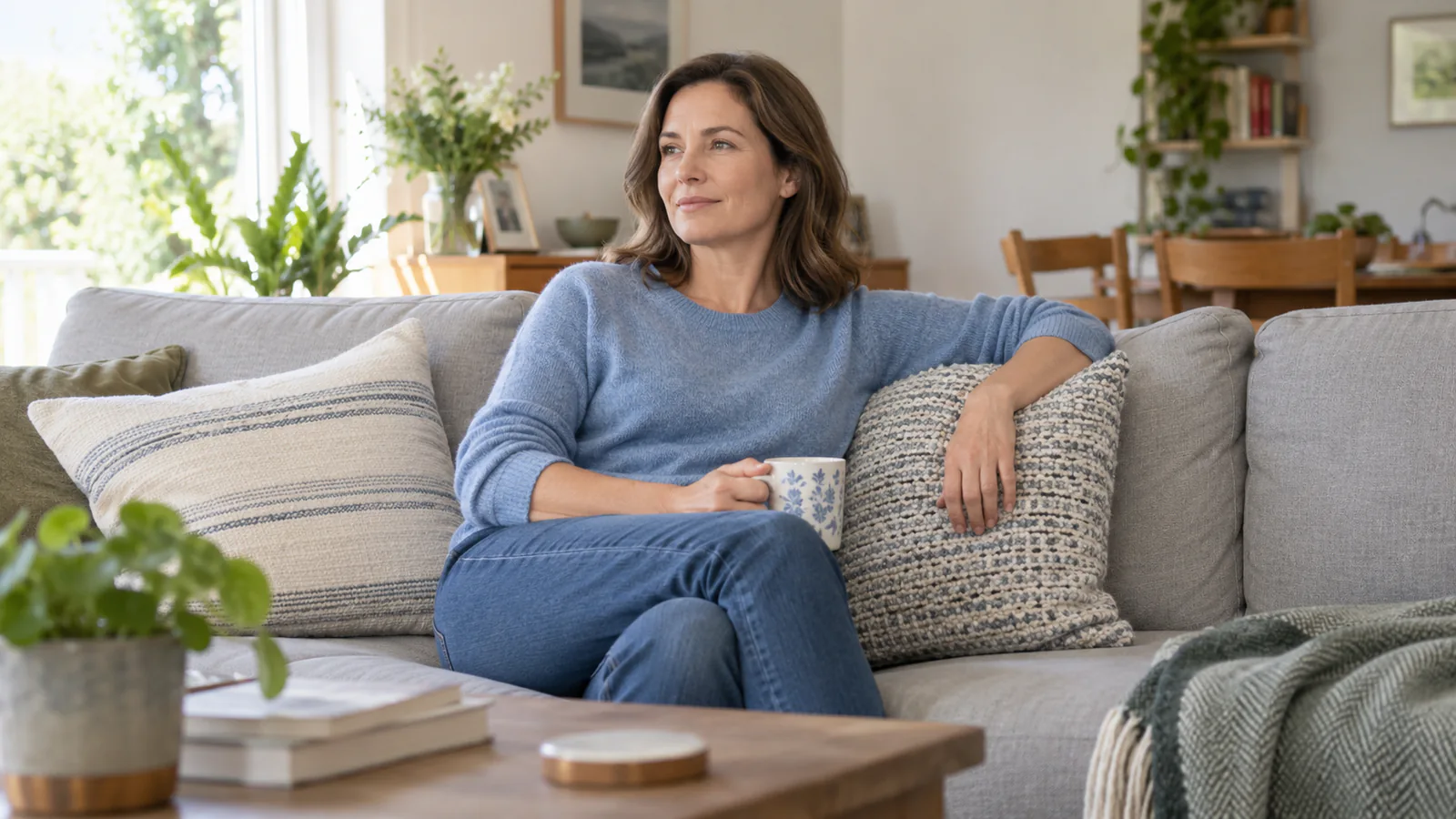 Person som hviler i sofaen med en kopp