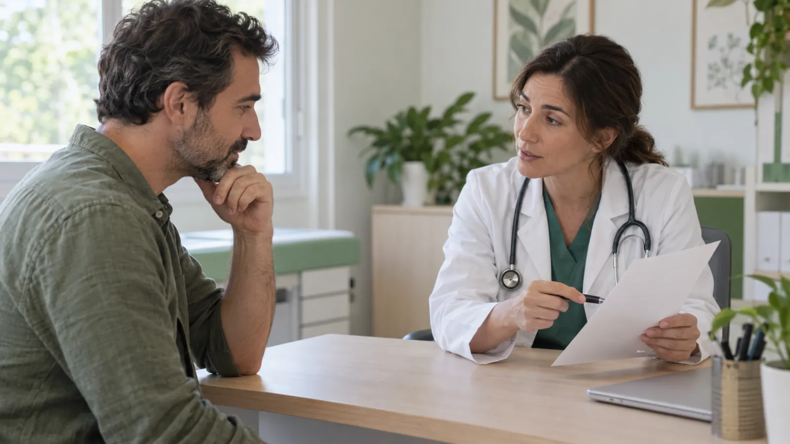 Uma médica mostra o resultado de um exame a um homem sentado no consultório