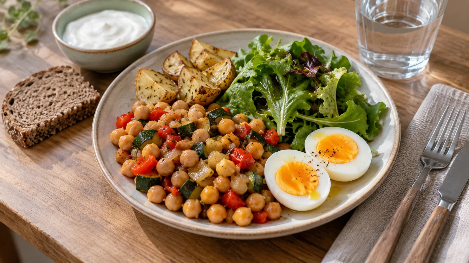 Teller mit Kichererbsen-Gemüse-Pfanne, grünem Salat, einem gekochten Ei und Brot, daneben Joghurt und ein Glas Wasser