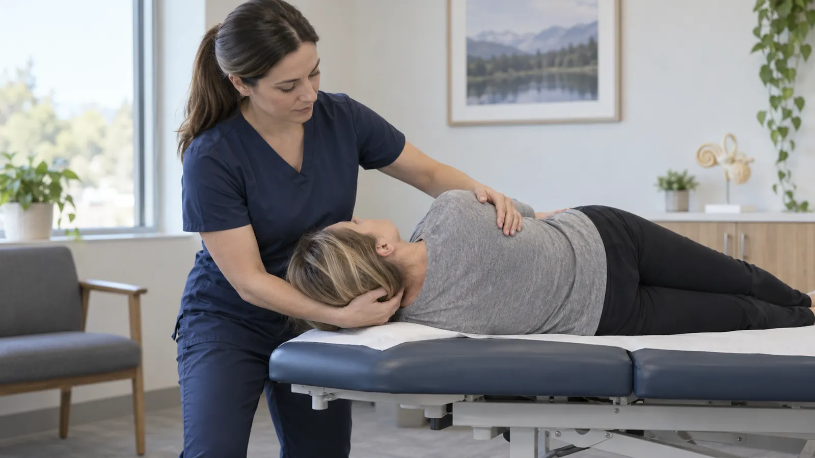 Una professionista sanitaria sostiene la testa di una paziente durante una manovra di riposizionamento sul lettino