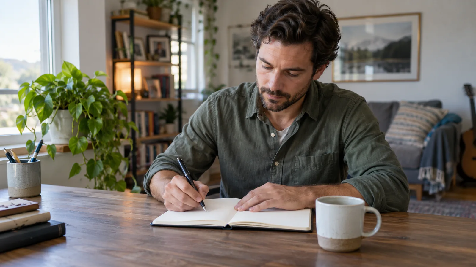 Un hombre escribe en un cuaderno para preparar una conversación.
