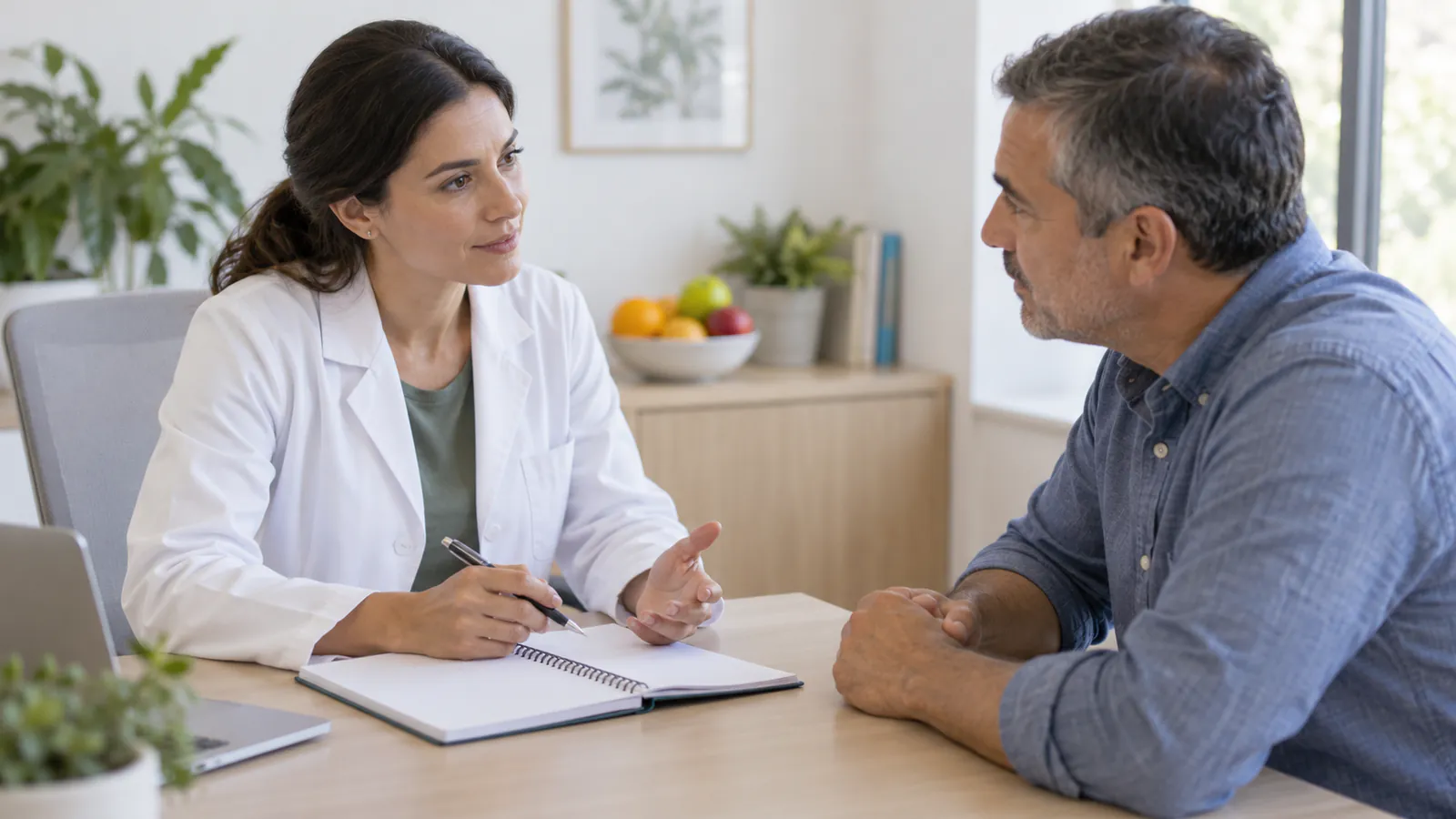 Uma nutricionista conversa com um homem adulto e revê com ele um caderno na consulta