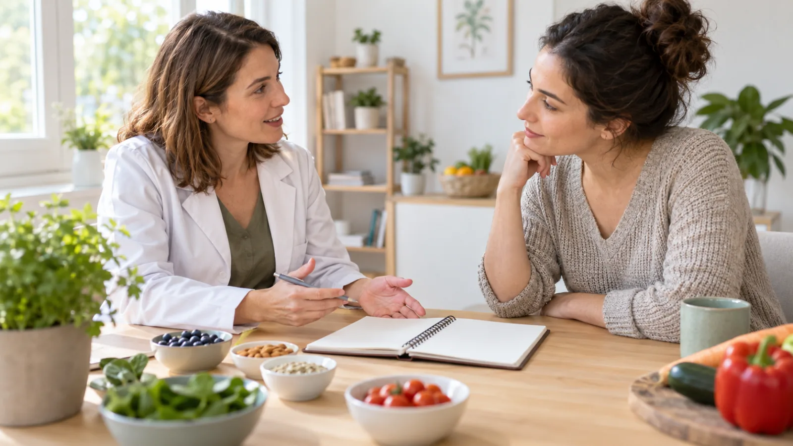 Twee vrouwen bespreken aantekeningen aan een tafel met eten