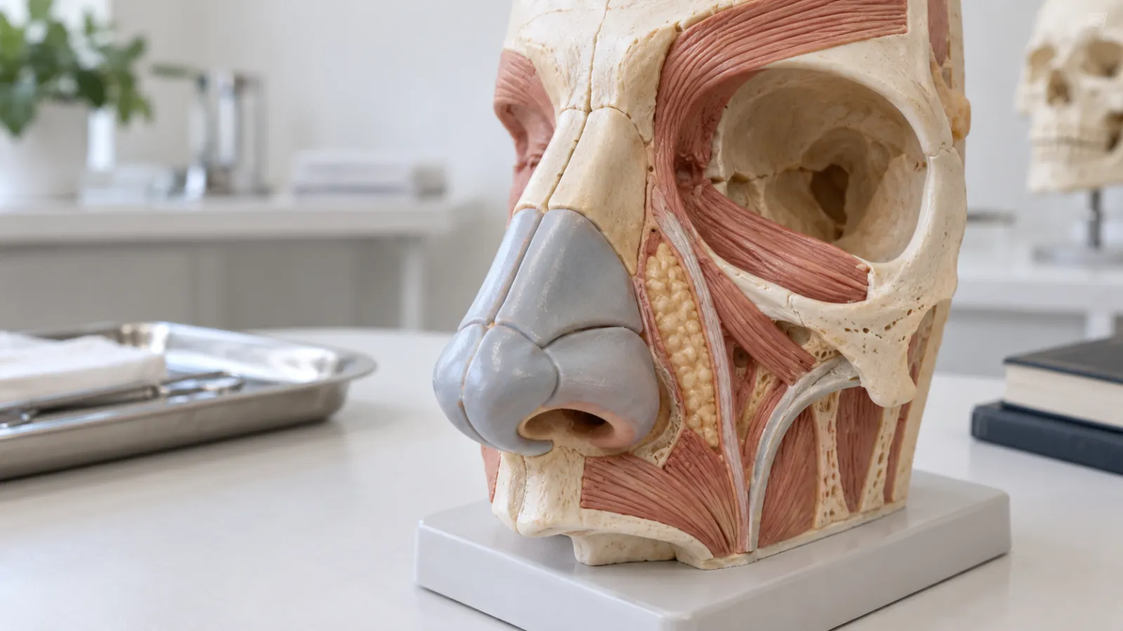 Modelo anatómico médico que muestra la estructura ósea y cartilaginosa de la nariz.