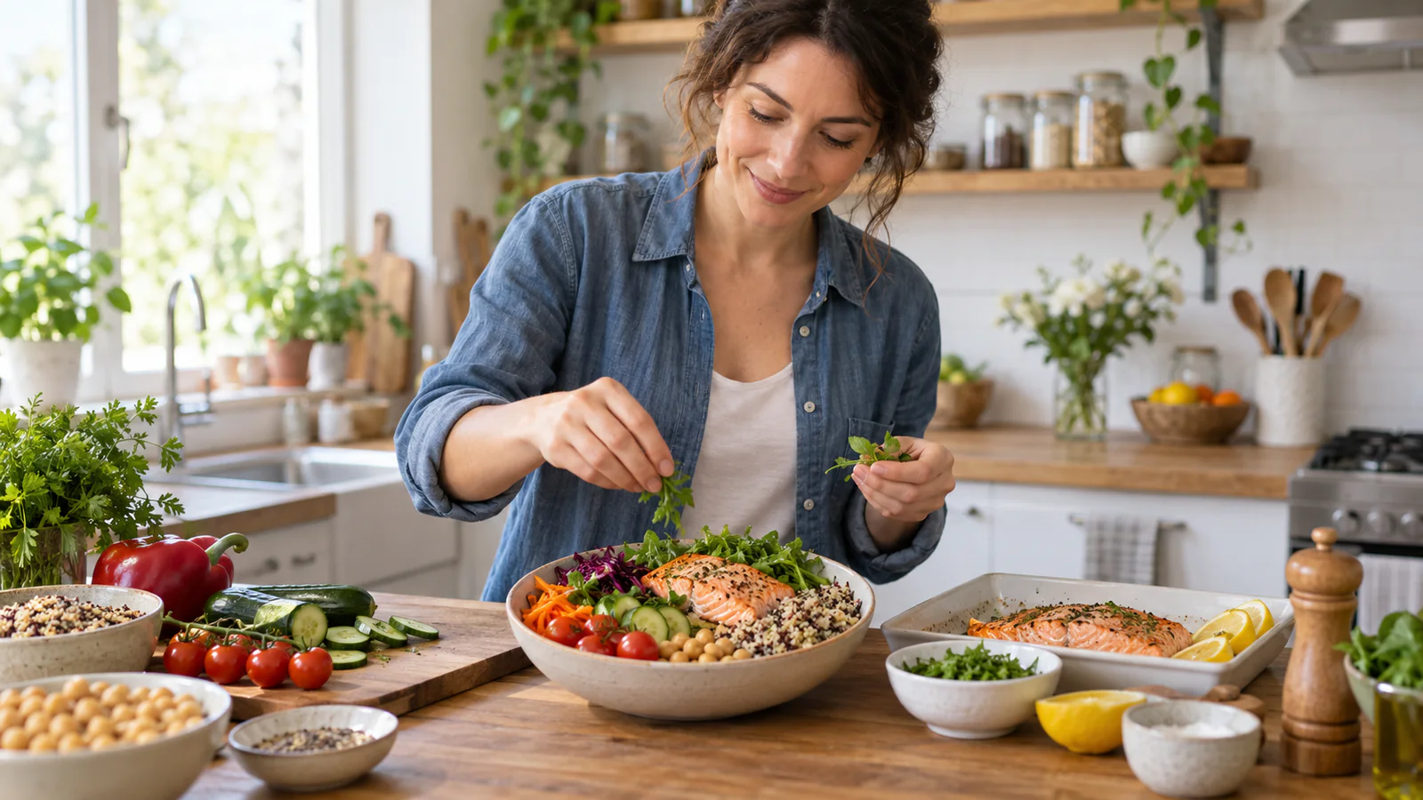 Una donna prepara una ciotola di insalata con verdure fresche e legumi in cucina