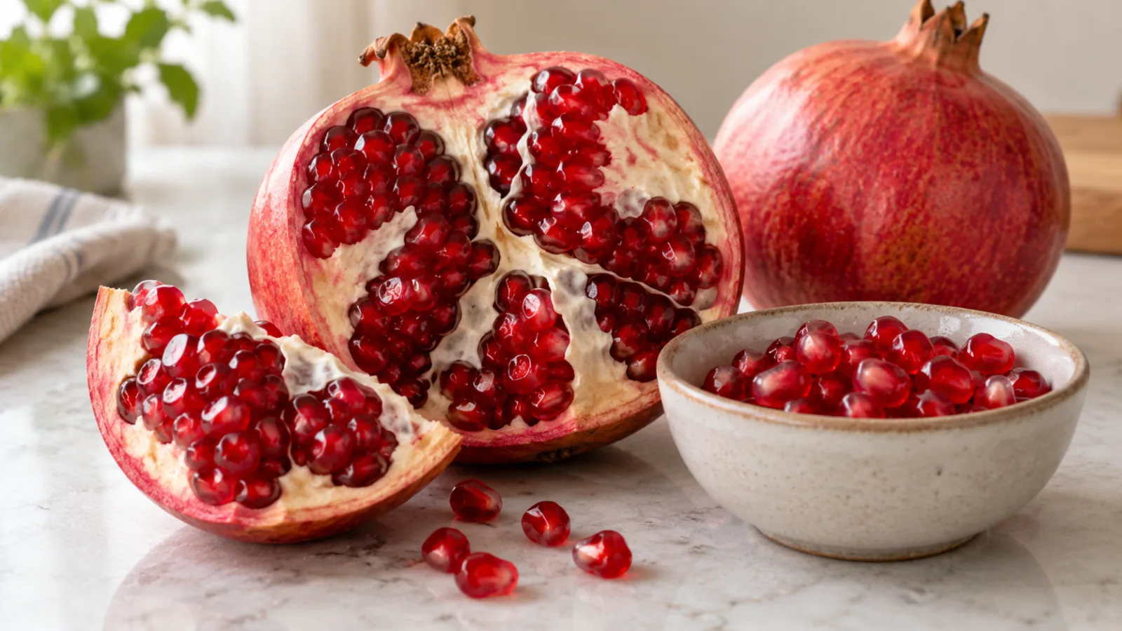 Geöffneter Granatapfel und ein Schälchen mit ausgelösten Granatapfelkernen auf einer hellen Arbeitsfläche