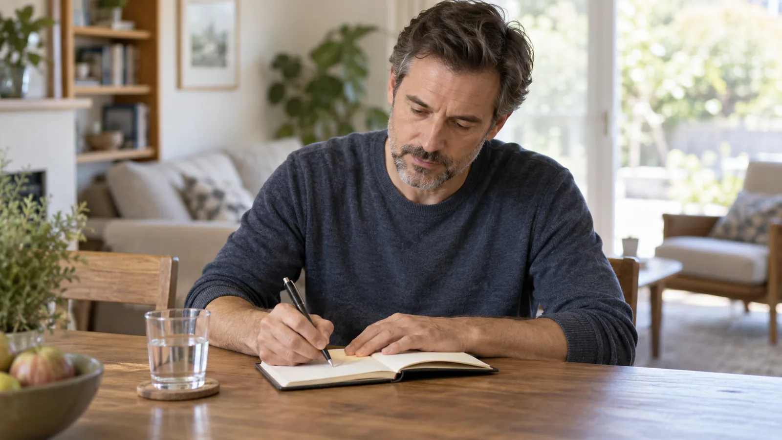 Un hombre adulto anota observaciones en un cuaderno con un vaso de agua al lado.