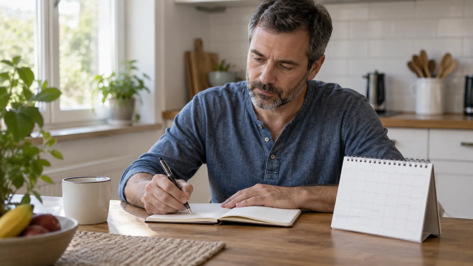 Adulto anota en un cuaderno cuándo comenzaron sus molestias, junto a un calendario sin fechas.