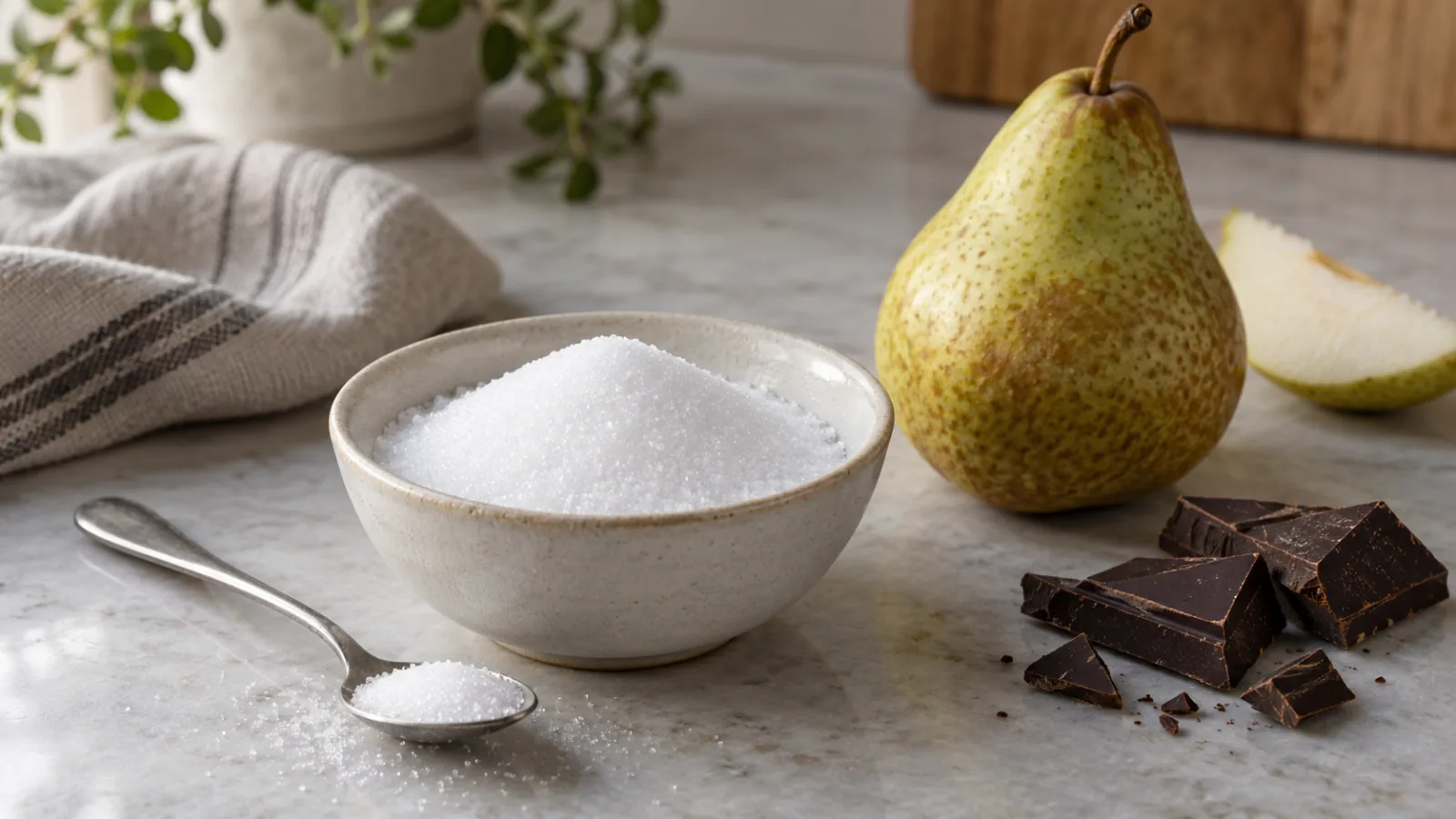 Cuenco con granulado blanco junto a una pera y trozos de chocolate negro.