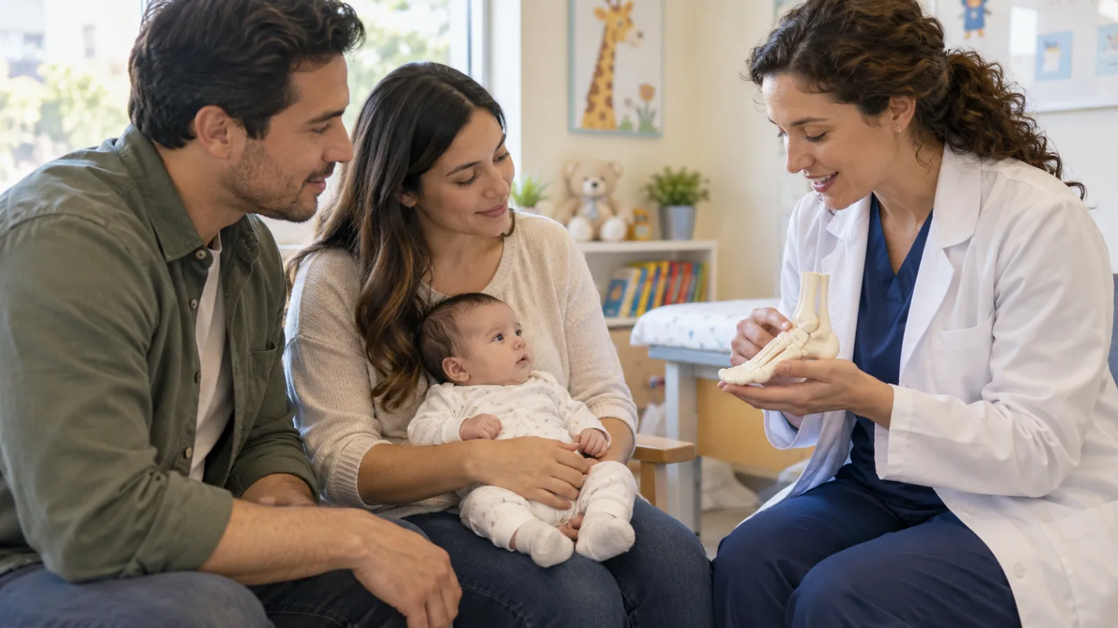 Una familia consulta con una especialista pediátrica sobre el pie de su bebé.