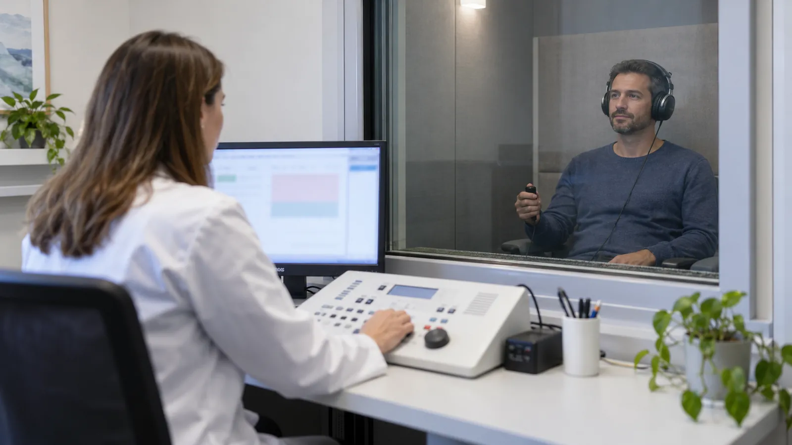 En person med hodetelefoner i en lydkabin tar en hørselstest mens en fagperson følger med fra et kontrollpanel