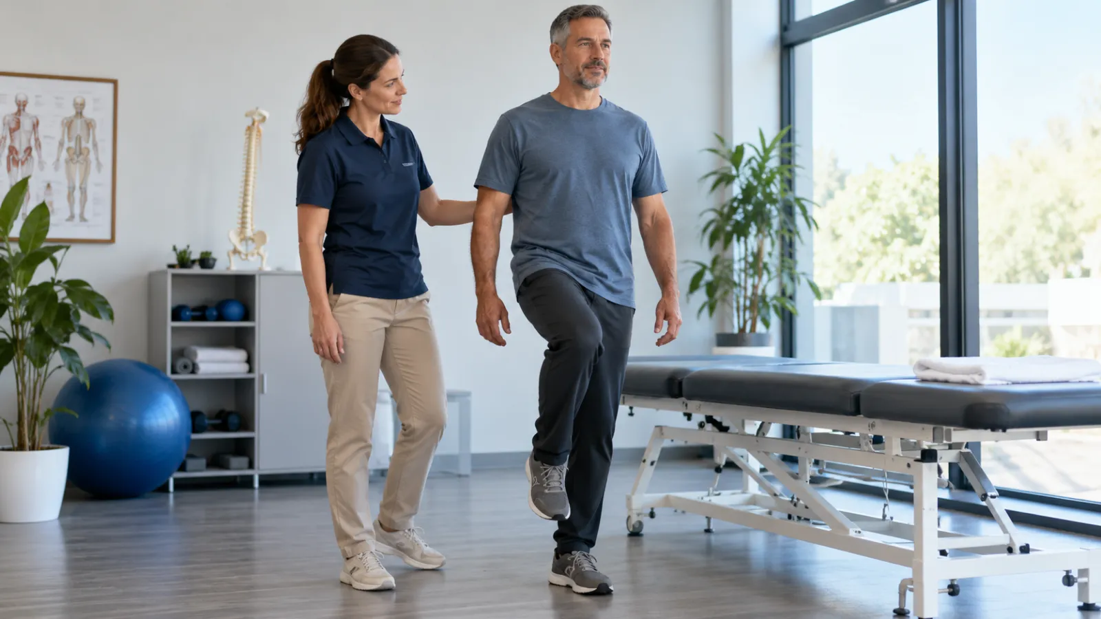 Fisioterapeuta acompanha um homem num exercício de pé