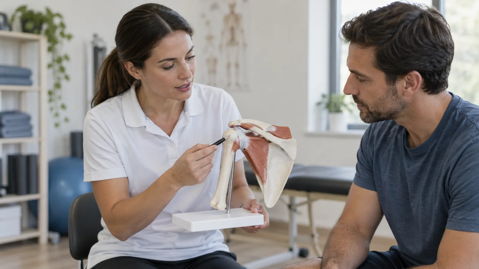 Una fisioterapeuta explica el hombro con una maqueta anatómica a un paciente.