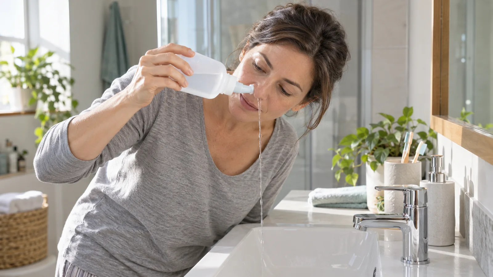 Una donna esegue un lavaggio nasale con soluzione fisiologica sopra un lavandino