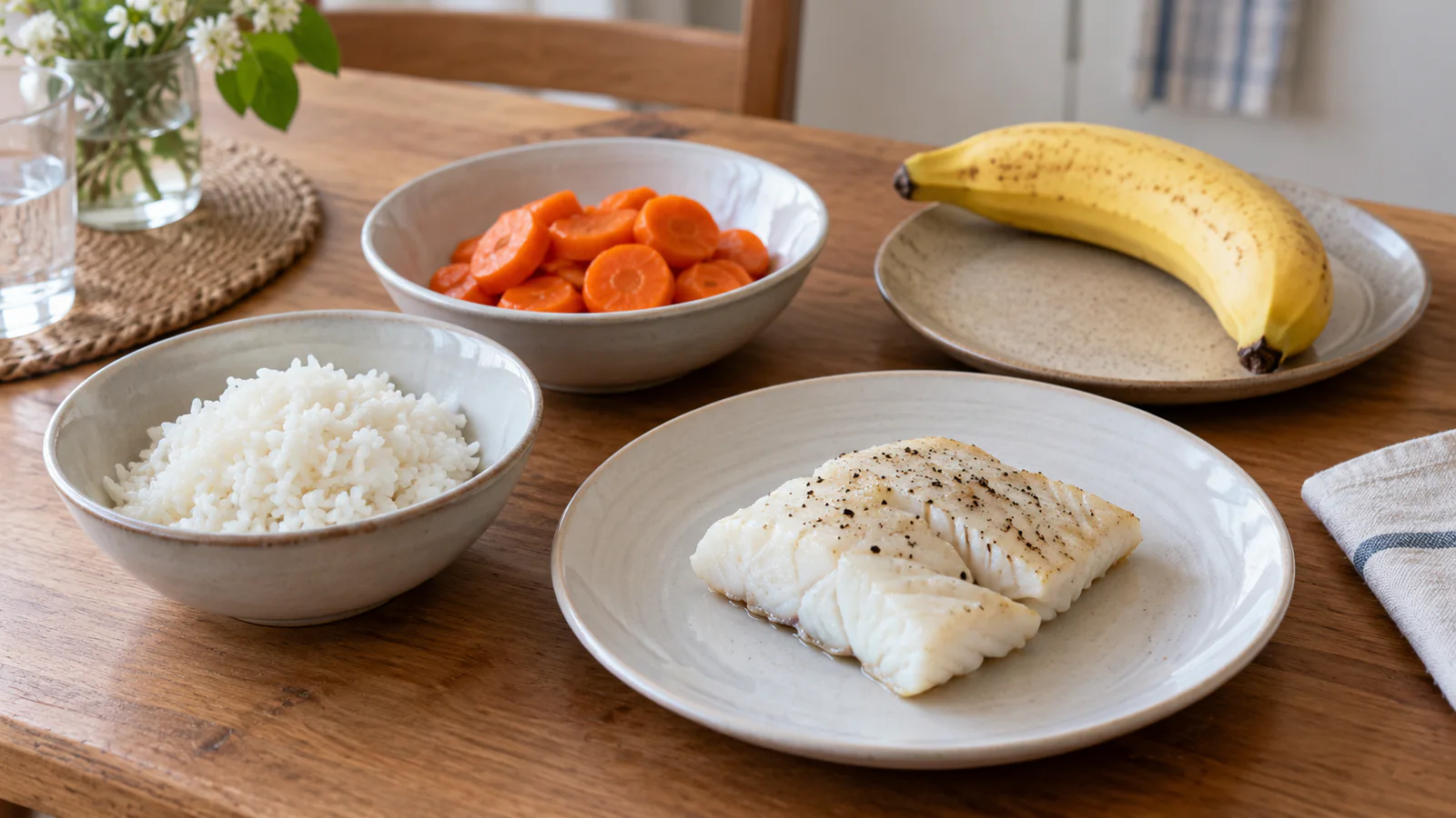 Riso bianco, carote cotte, pesce bianco e una banana su un tavolo di legno