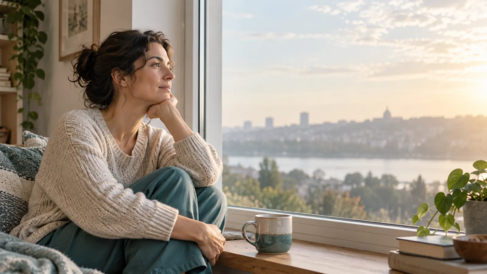 Persona adulta mira por la ventana en un momento de pausa.