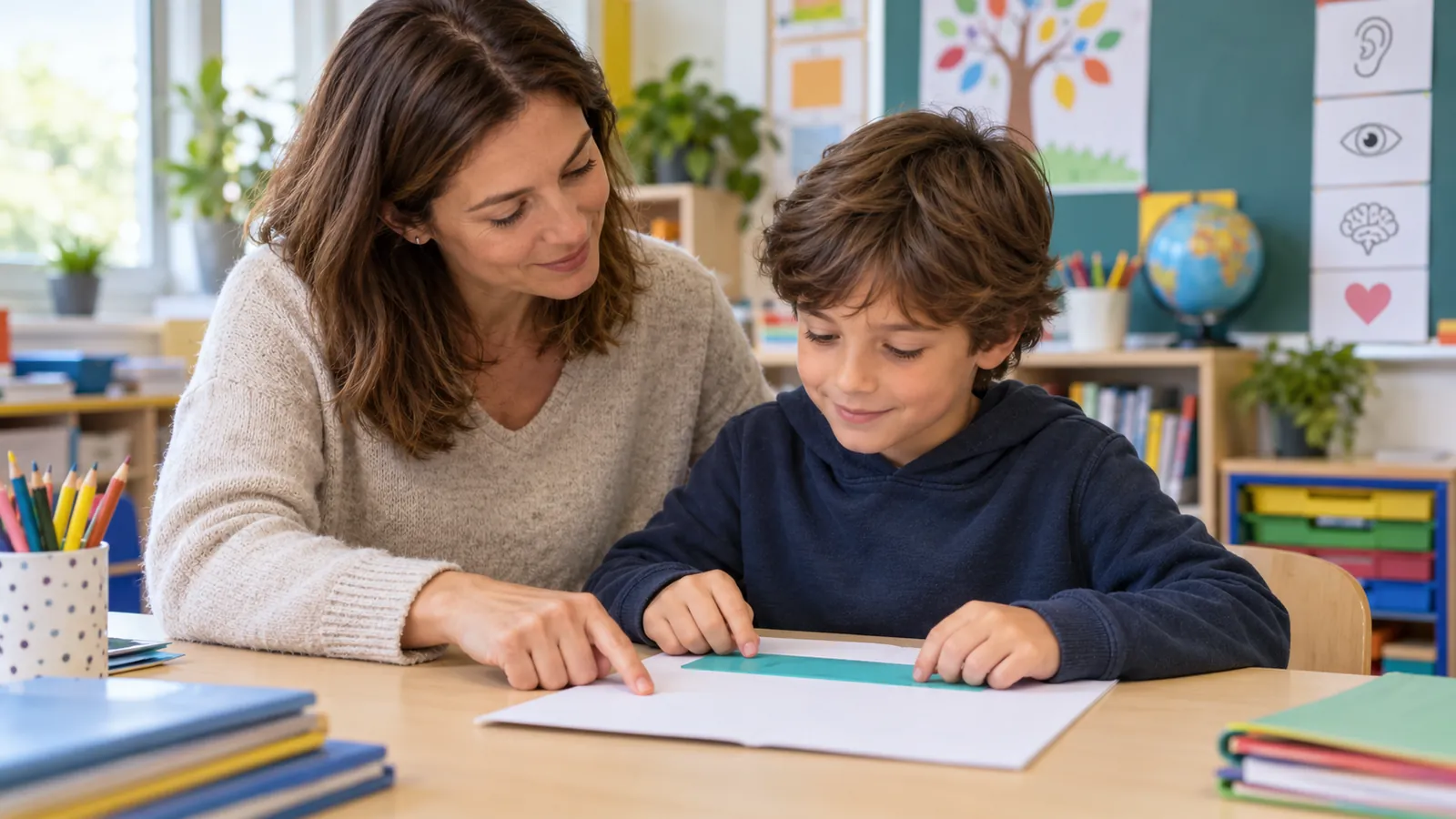 Un’insegnante segue un bambino che lavora su un foglio in classe