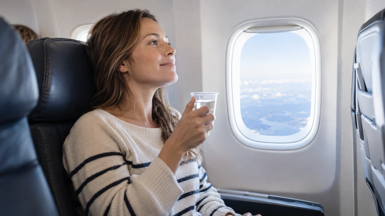 Una donna seduta accanto al finestrino di un aereo tiene un bicchiere e guarda in alto rilassata
