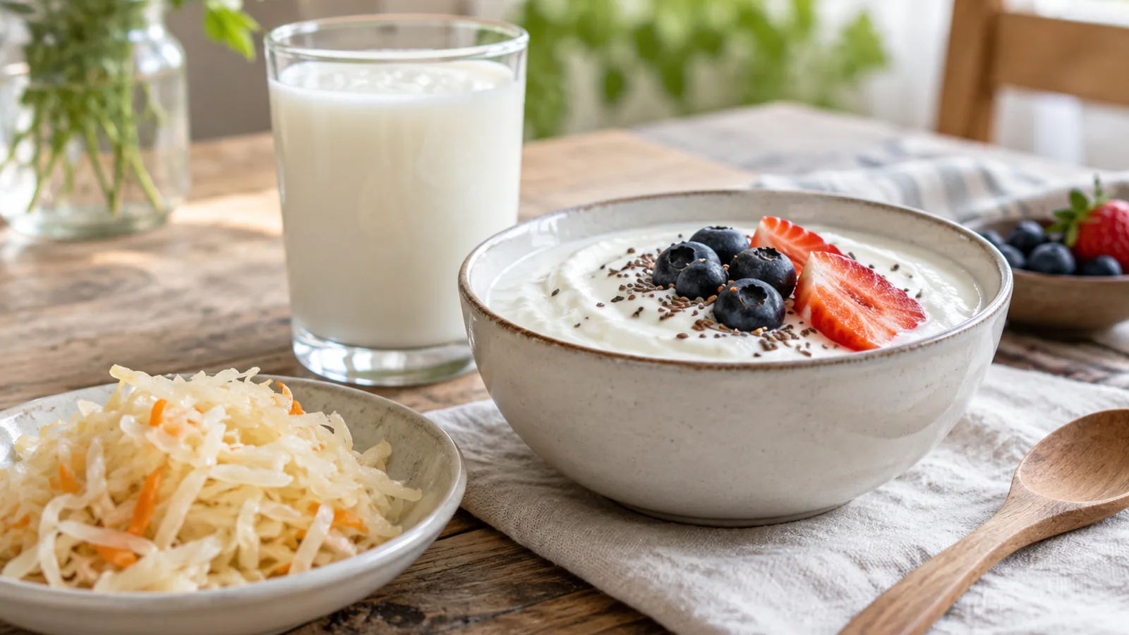Cuenco de yogur natural, vaso de kéfir y verduras fermentadas sobre una mesa de cocina.