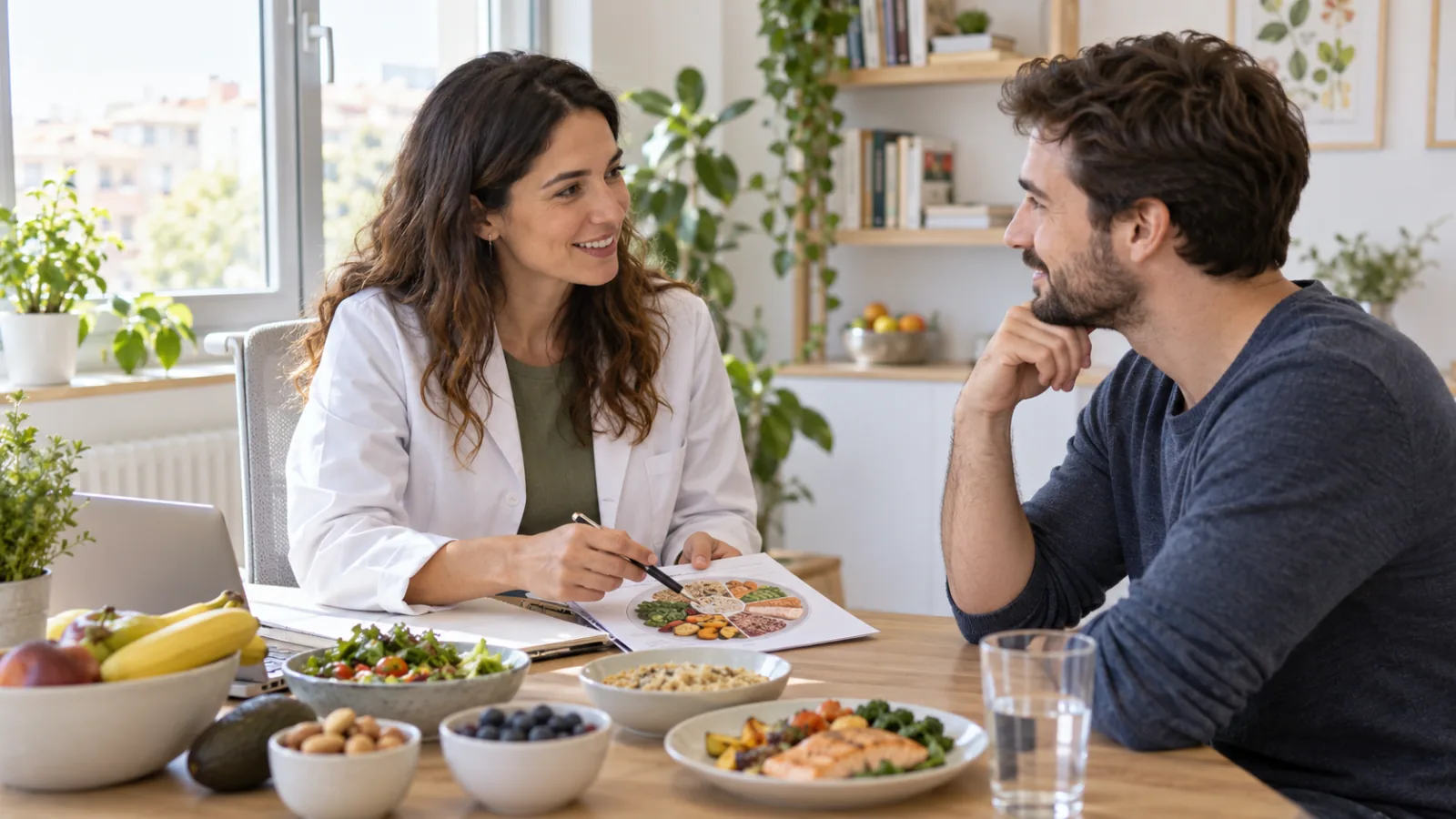Diëtist bespreekt maaltijden met een man aan een tafel vol eten