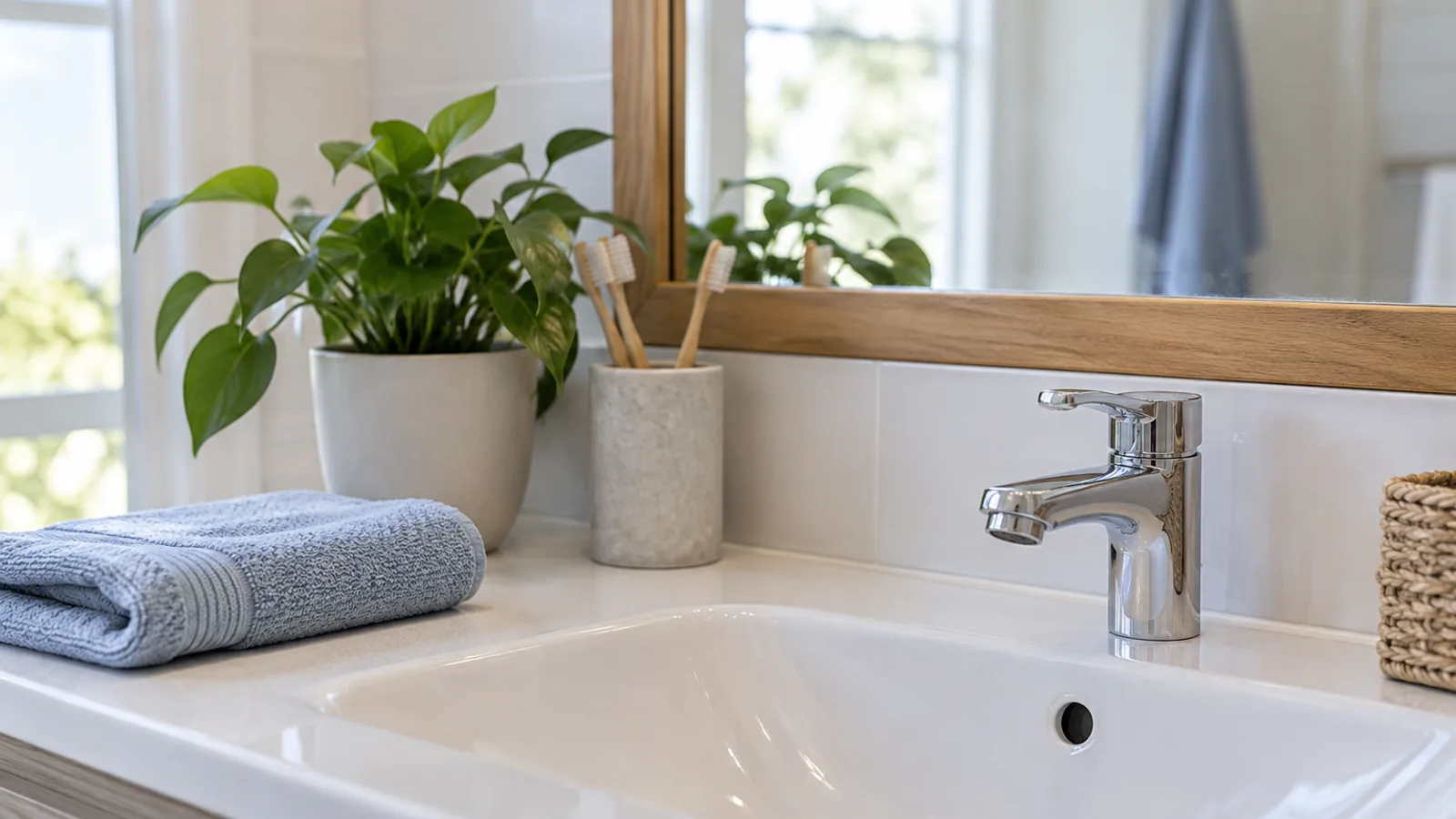 Lavabo limpio con una toalla doblada y un vaso de cepillos en una repisa.