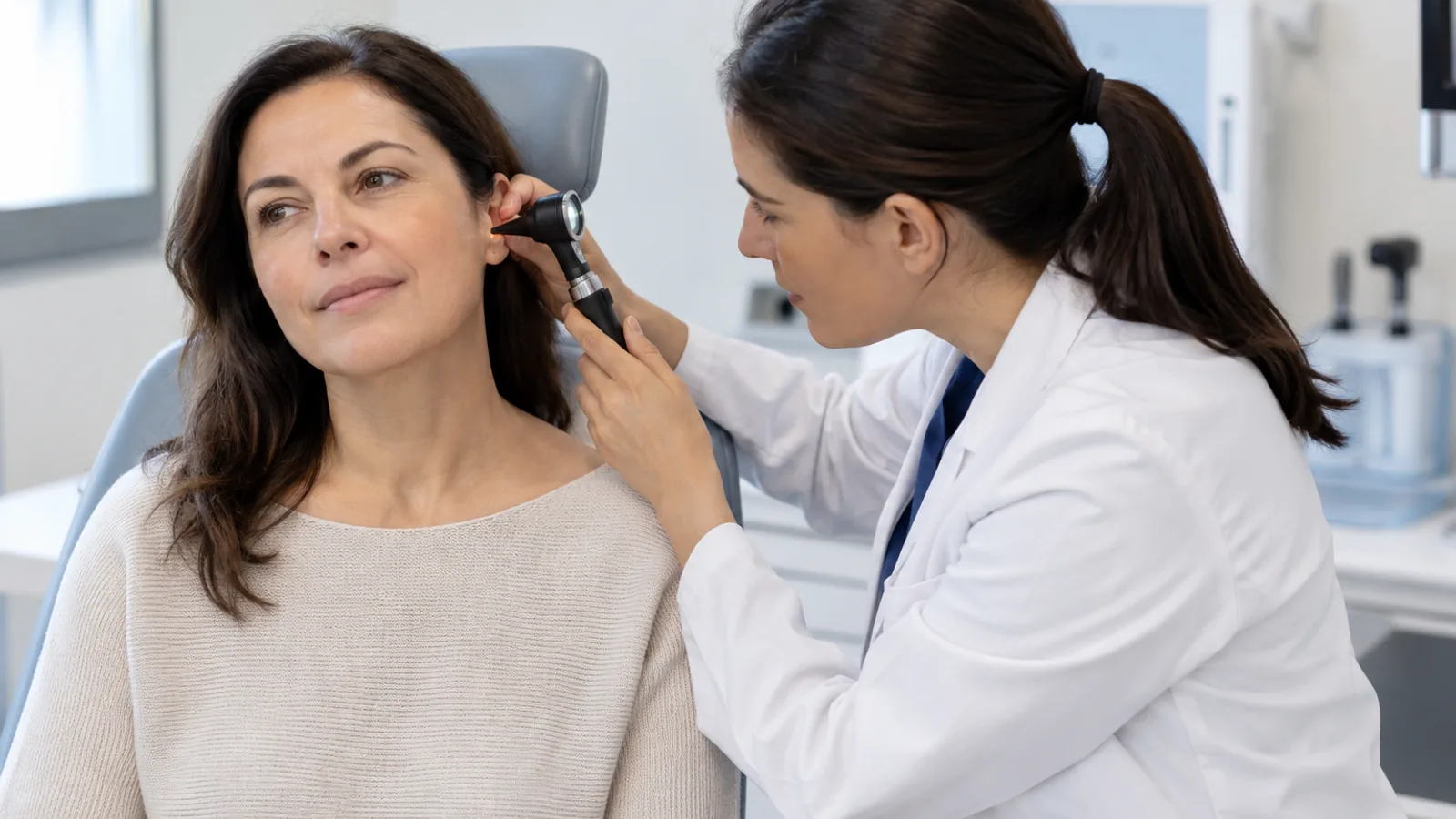 Una otorrinolaringóloga examina el oído de una mujer adulta con un otoscopio.