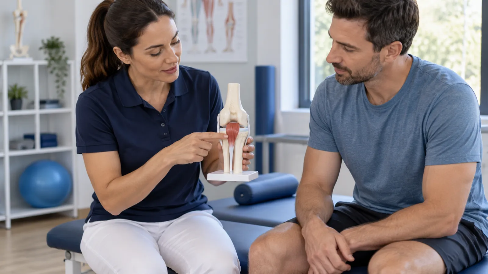 Una fisioterapeuta muestra a un paciente la parte posterior de una maqueta de rodilla.