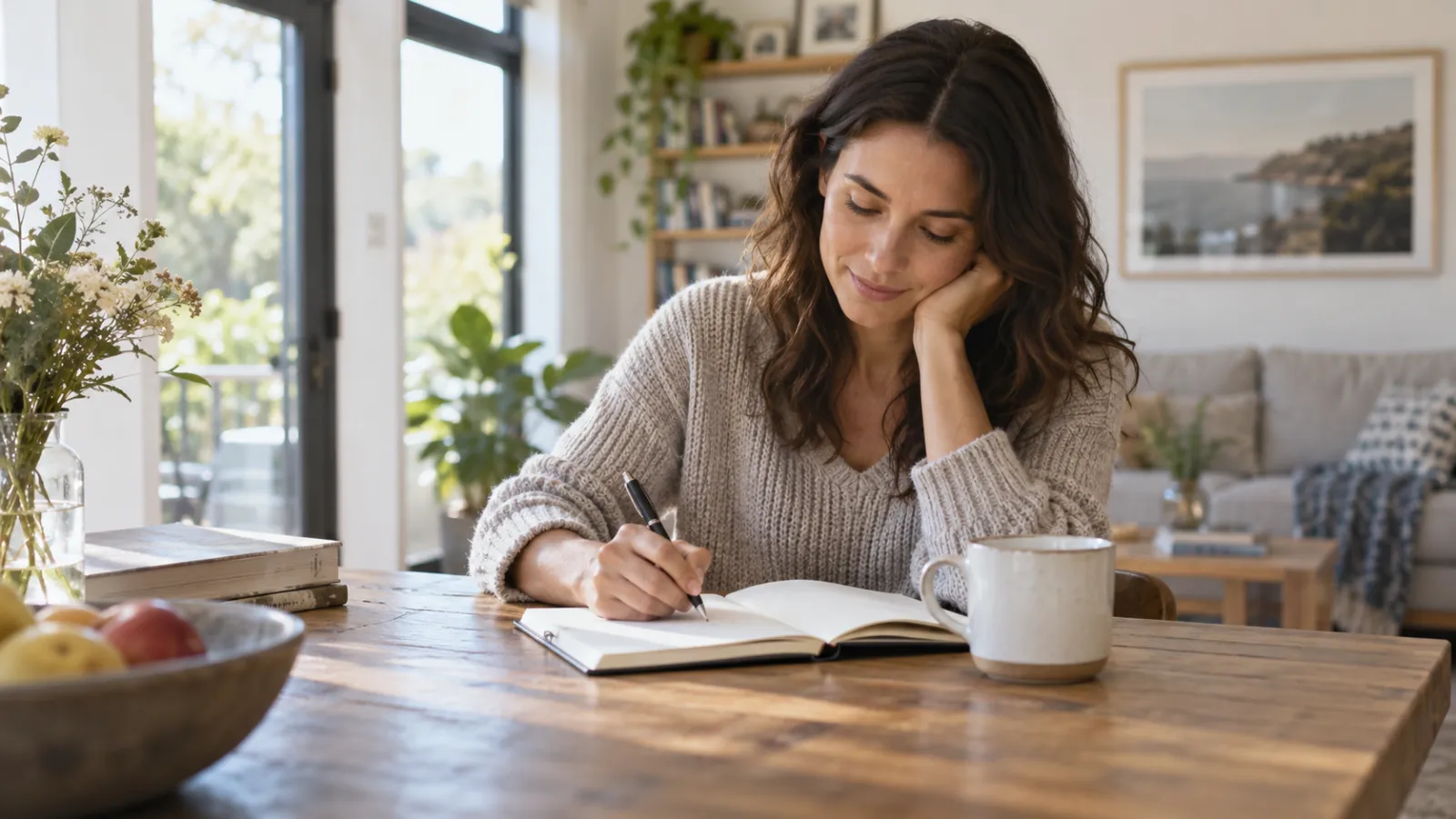 Una donna scrive su un quaderno seduta a un tavolo