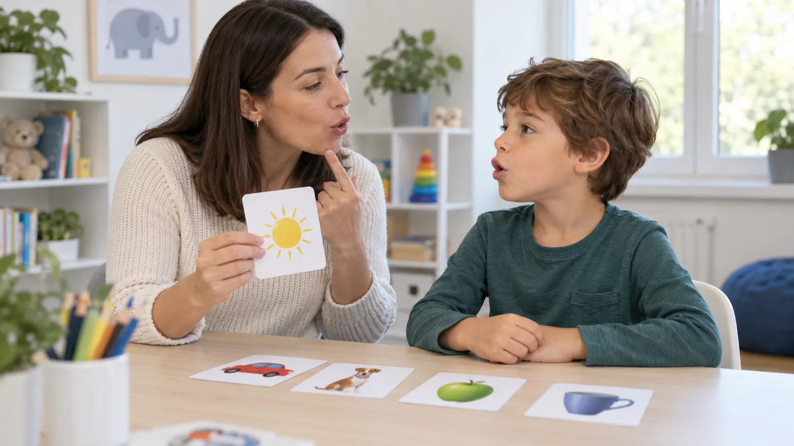 Una donna mostra una carta illustrata a un bambino e pronuncia un suono