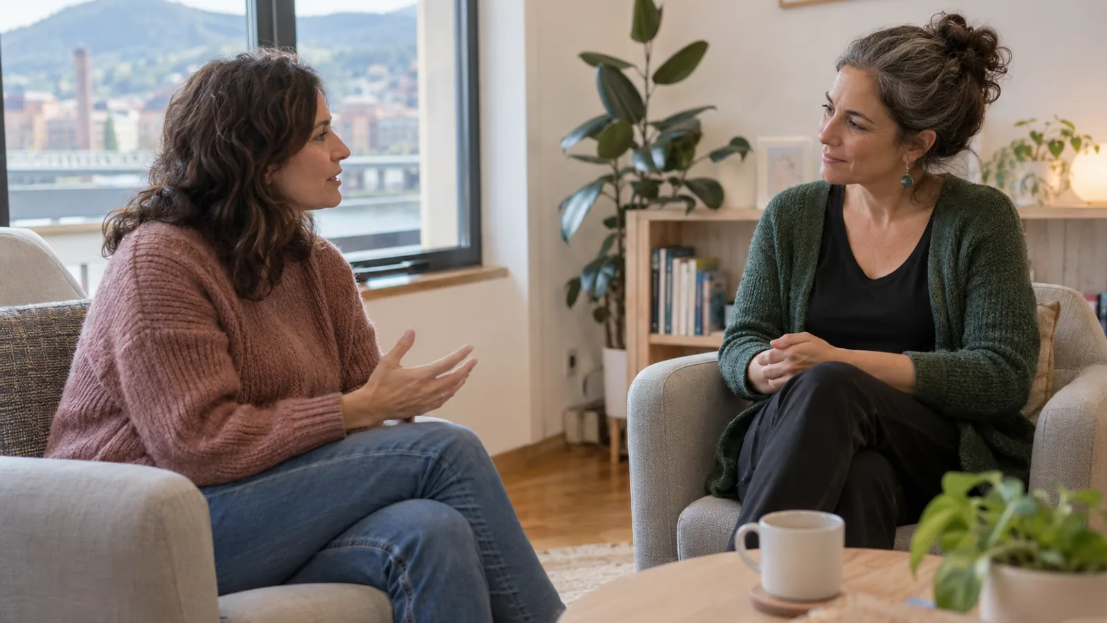 En kvinna samtalar med en annan person i fåtöljer i ett ljust rum.