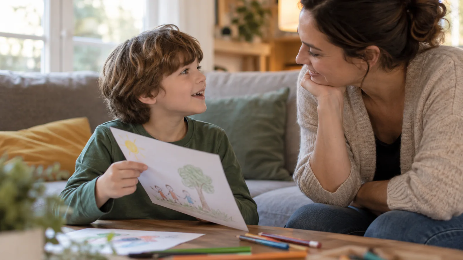 Un bambino condivide un disegno con un adulto di fiducia a casa