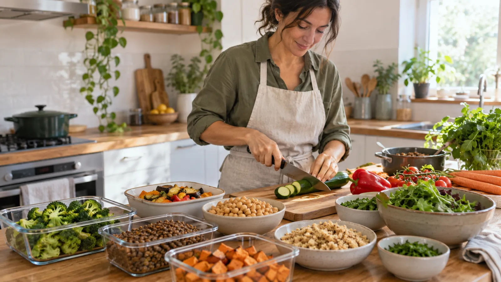Una persona prepara verduras y varios alimentos en una cocina luminosa.