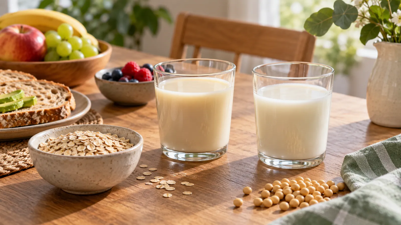 Vasos de bebidas vegetales junto a avena, fruta y soja en una mesa.