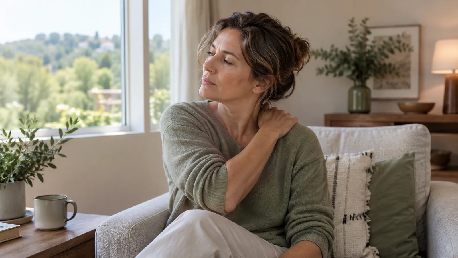 Vrouw op de bank met een hand op haar schouder