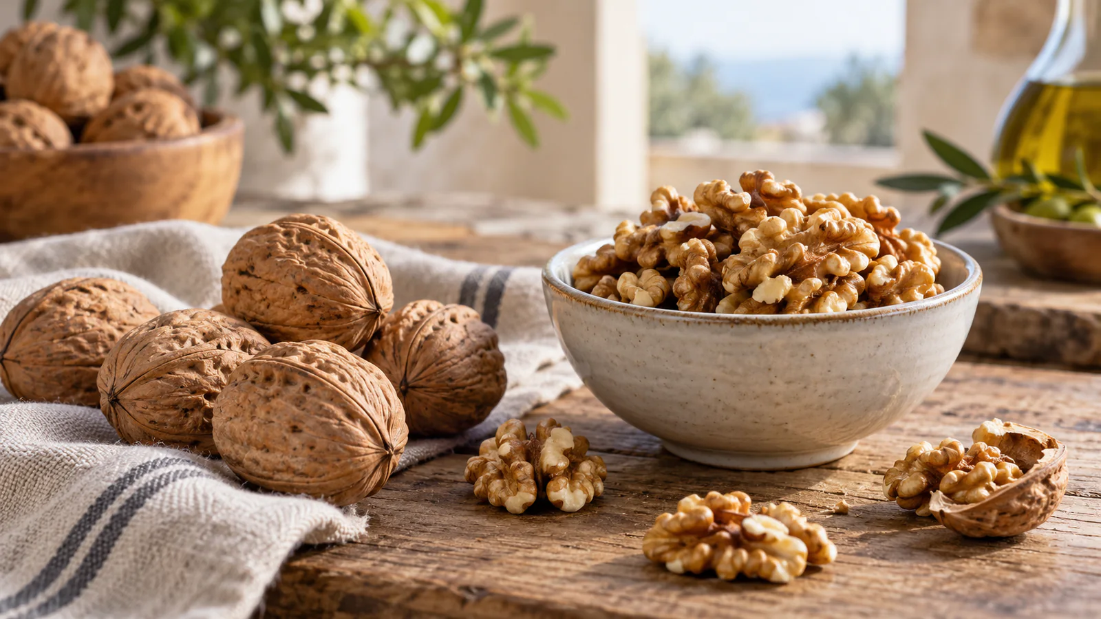 Nueces con cáscara y nueces peladas servidas en un cuenco sobre una mesa de madera.